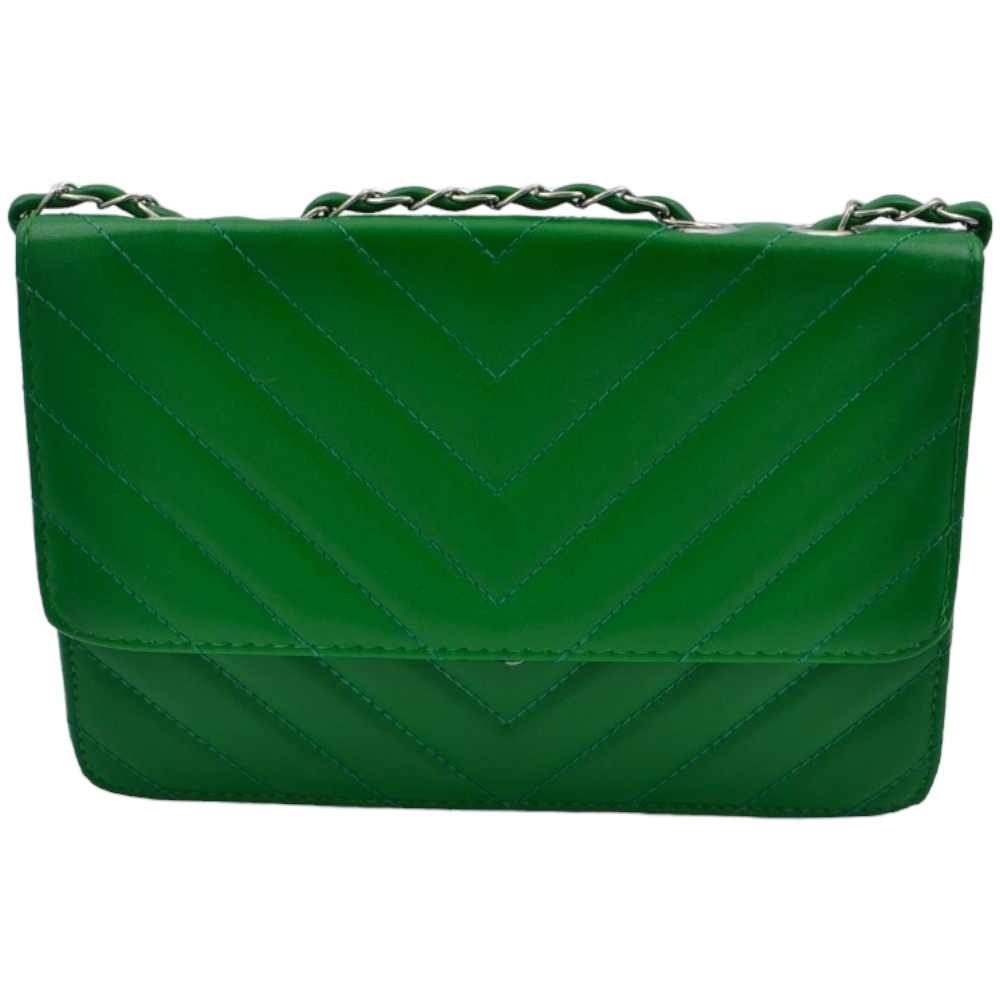 Pochette rigida oversize verde forma rettangolare trapuntata cucitura tono su tono con chiusura zip catena regolabile  .