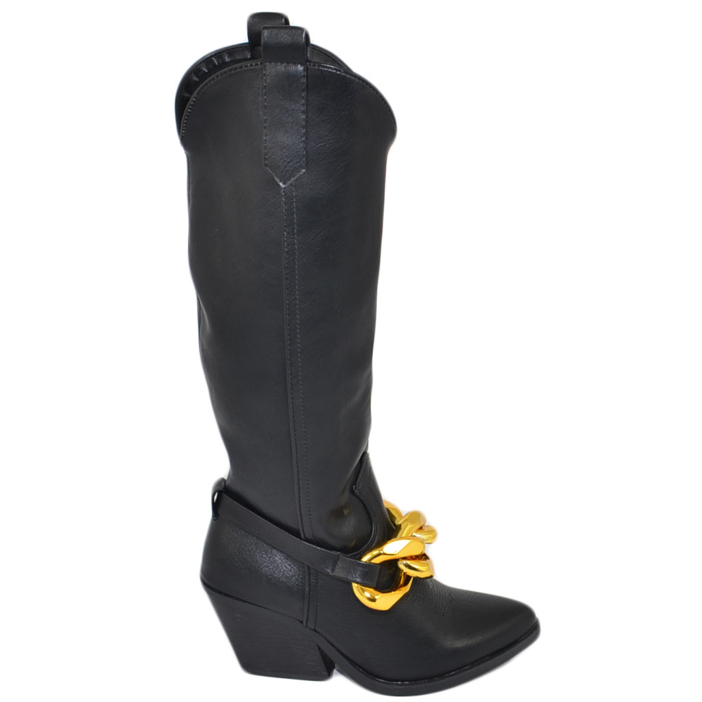 Stivali donna camperos texani nero basic pelle morbida catena oro rimovibile tacco western 7 cm altezza ginocchio moda.