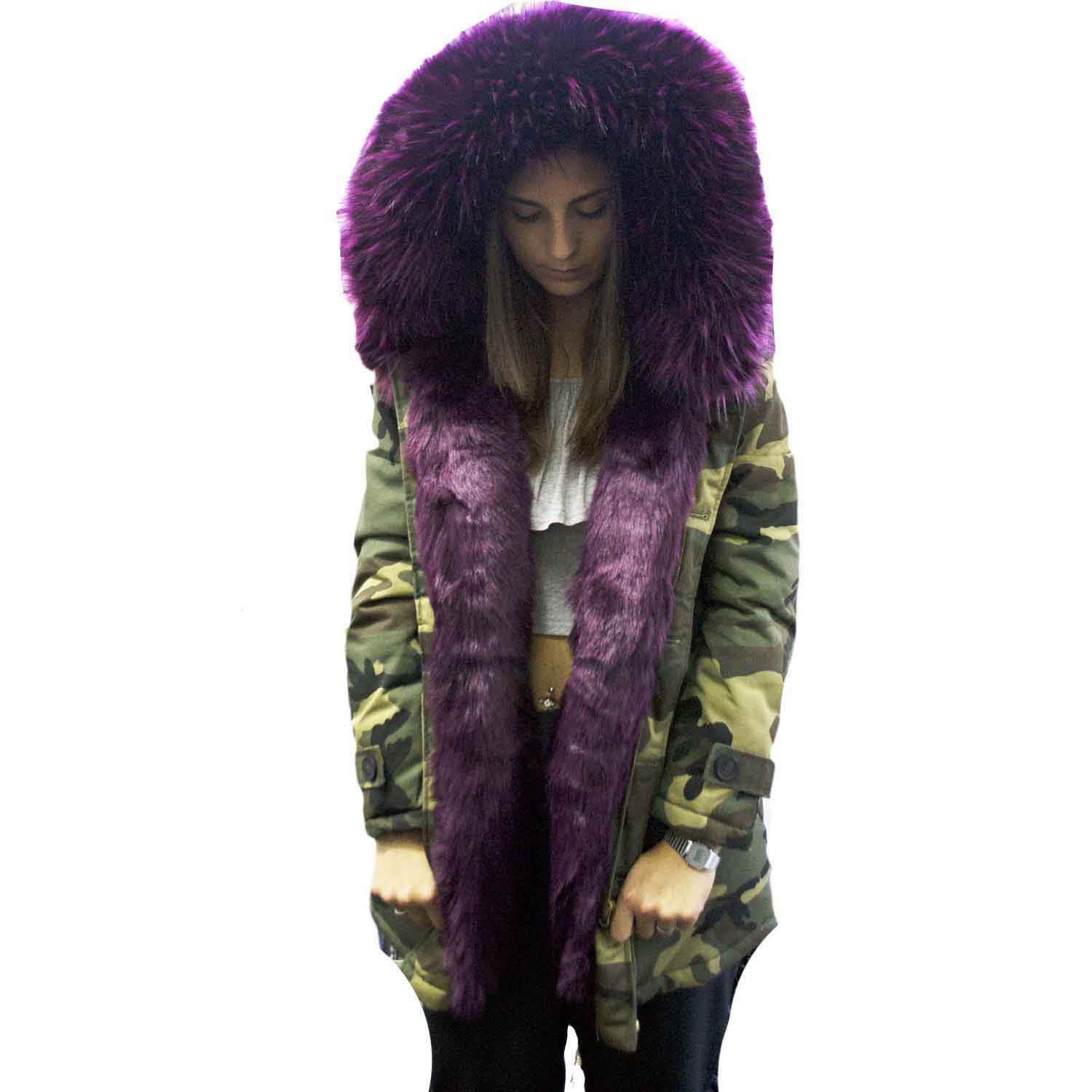 Parka giacca donna invernale mimetico camouflage verde con pelliccia voluminosa ecologica viola glamour ecofur parka