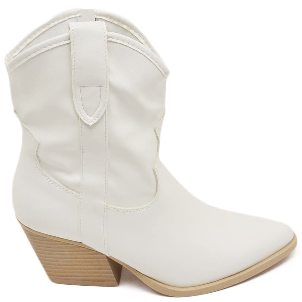Texano tronchetti donna camperos in ecopelle bianco stivaletti con tacco largo comodo 5 cm liscio alla caviglia zip.
