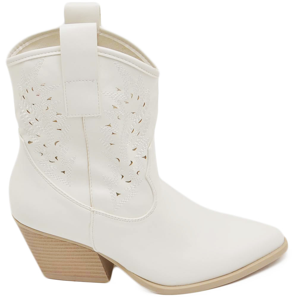 Texano tronchetti donna camperos ecopelle bianco stivaletti con tacco largo comodo 5cm effetto laser alla caviglia zip.