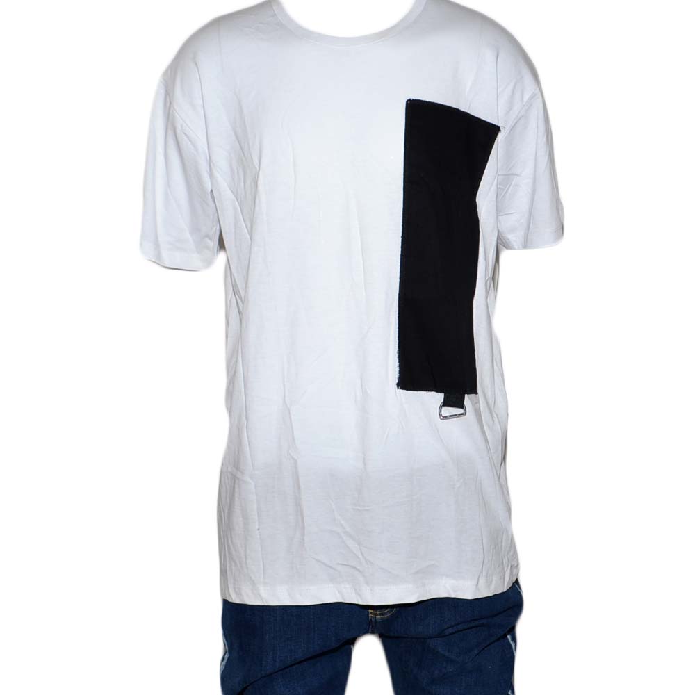 T- shirt basic uomo in cotone bianco slim fit girocollo con cucitura a coste nero e taschino made in italy estate.