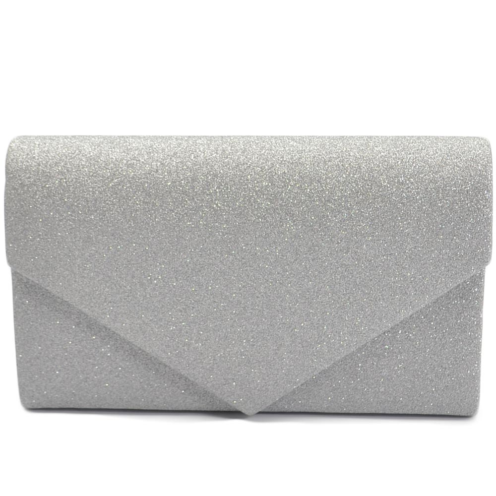 Pochette donna rettangolare a forma di lettera busta in pu argento satinato glitter catena linea basic made in italy