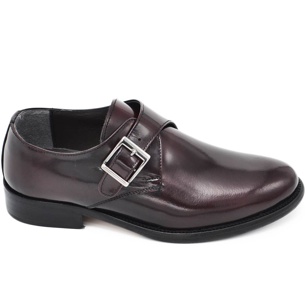 Scarpe uomo con fibbia eleganti vera pelle bordeaux abrasivato suola cuoio con antiscivolo handmade in italy 