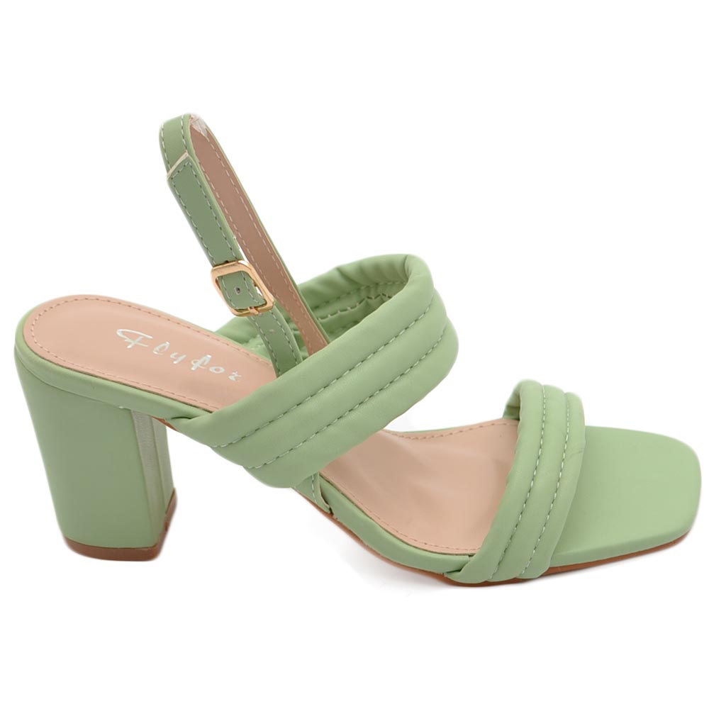 Sandalo donna verde sabot con tacco largo comodo 5 cm doppia fascia effetto imbottito moda estate .