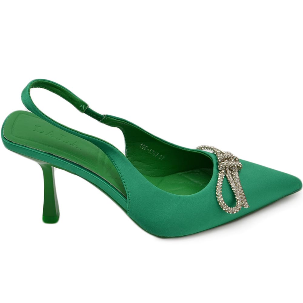 Decollete' donna gioiello elegante fiocco strass in raso verde con tacco a spillo 80 cinturino alla caviglia fisso moda.