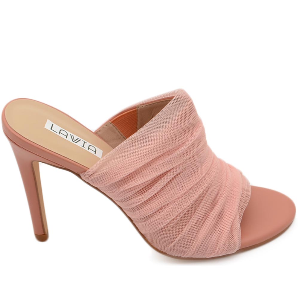 Sandali donna mules pantofole in tessuto plissettato tulle rosa e tacco sottile 12 cm moda tendenza