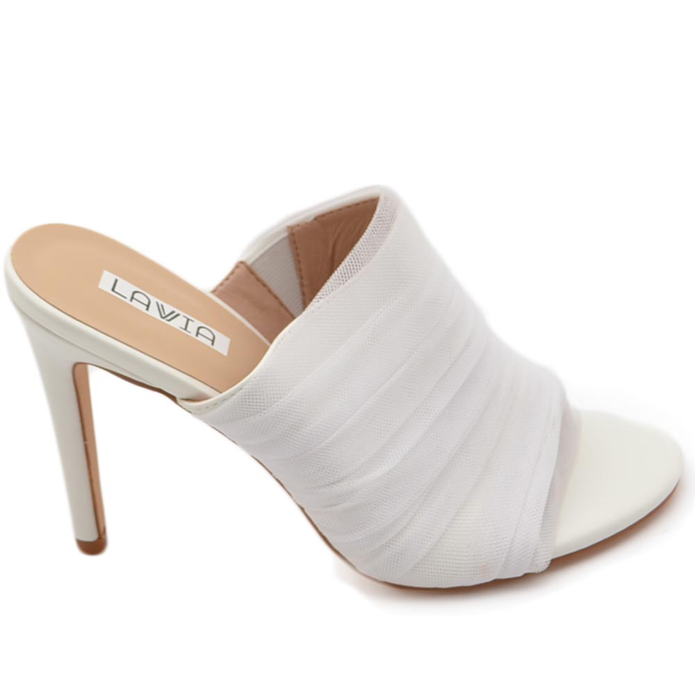 Sandali donna mules pantofole in tessuto plissettato bianco tulle e tacco sottile 12 cm moda tendenza.