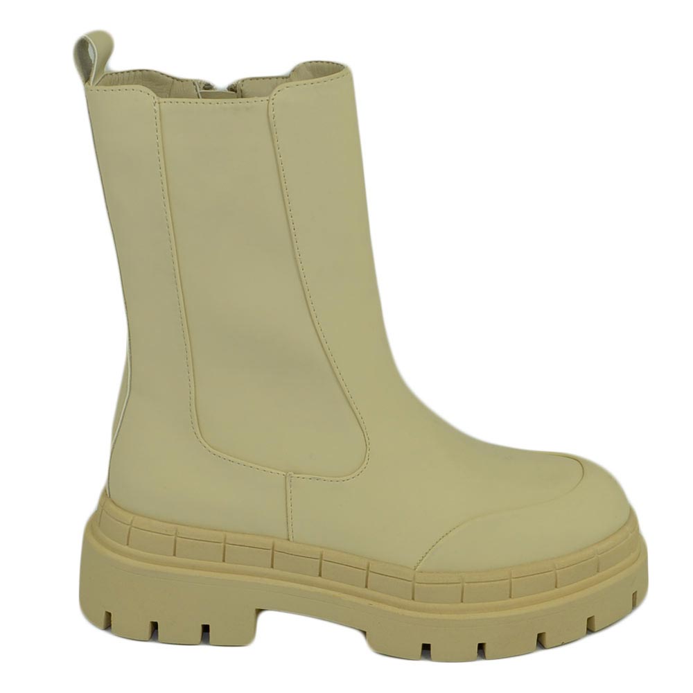 Stivaletti donna platform chelsea boots combat beige burro gommato fondo alto zip elastico laterale moda tendenza.