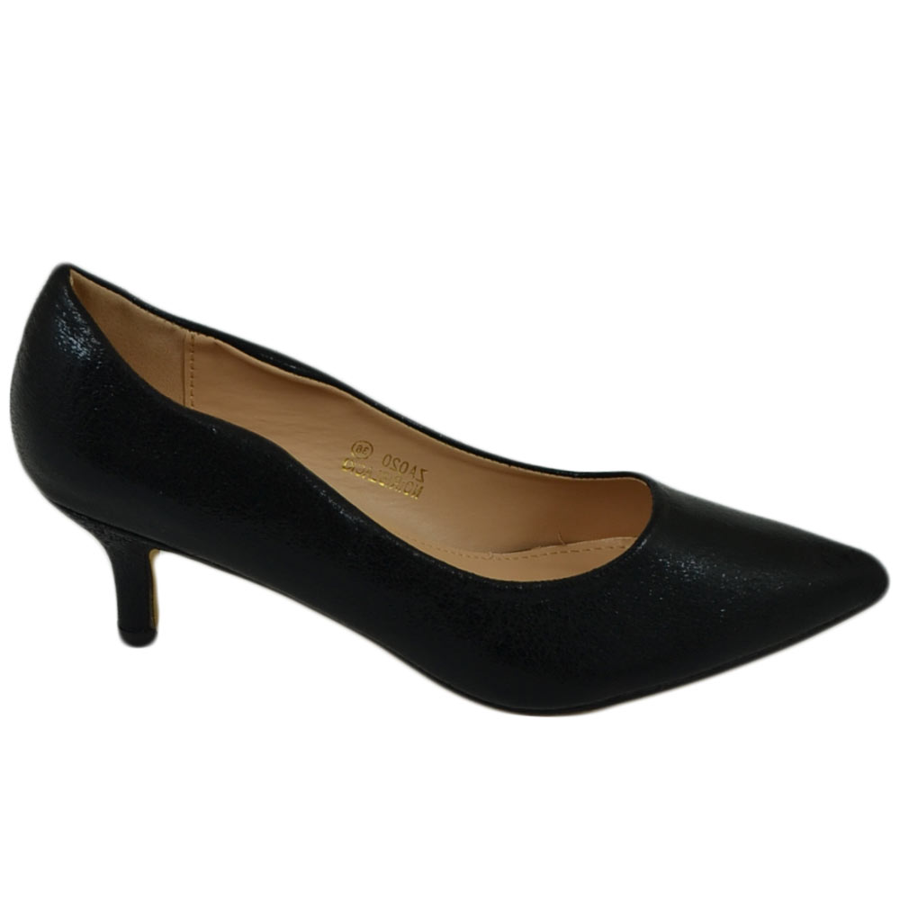 Decollete' scarpe donna a punta nero satinato tacco a spillo midi 5 cm in pelle comodo per cerimonie eventi ufficio.