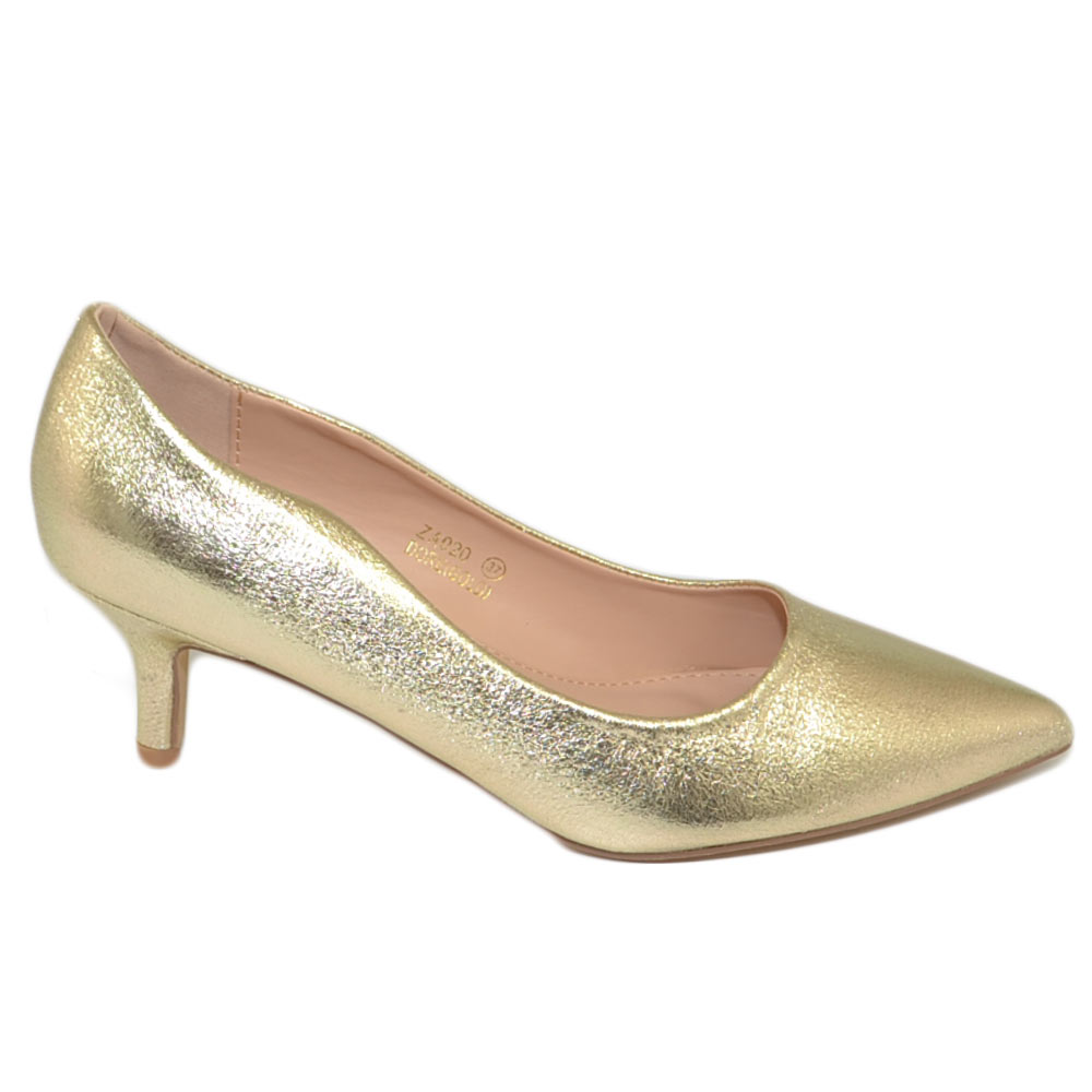 Decollete' scarpe donna a punta oro satinato tacco a spillo midi 5 cm in pelle comodo per cerimonie eventi ufficio.