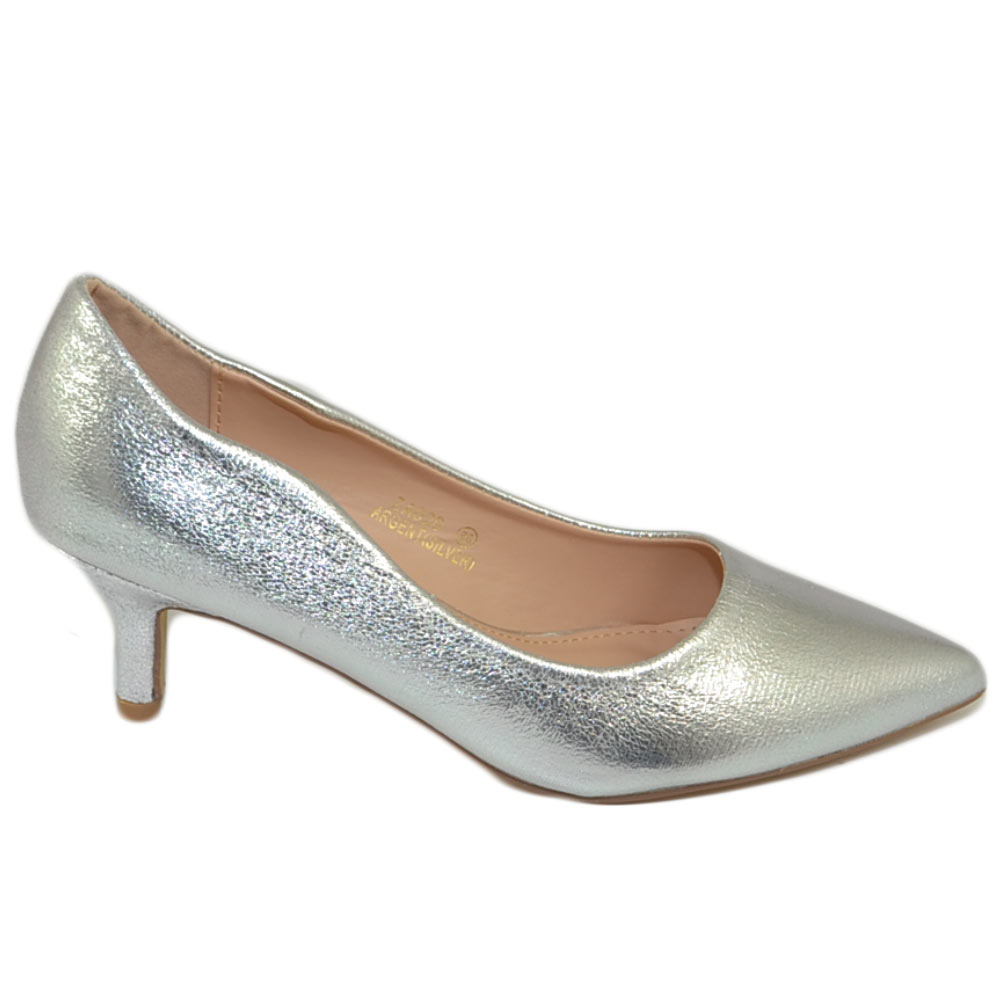 Decollete' scarpe donna a punta argento satinato tacco a spillo midi 5 cm in pelle comodo per cerimonie eventi ufficio.