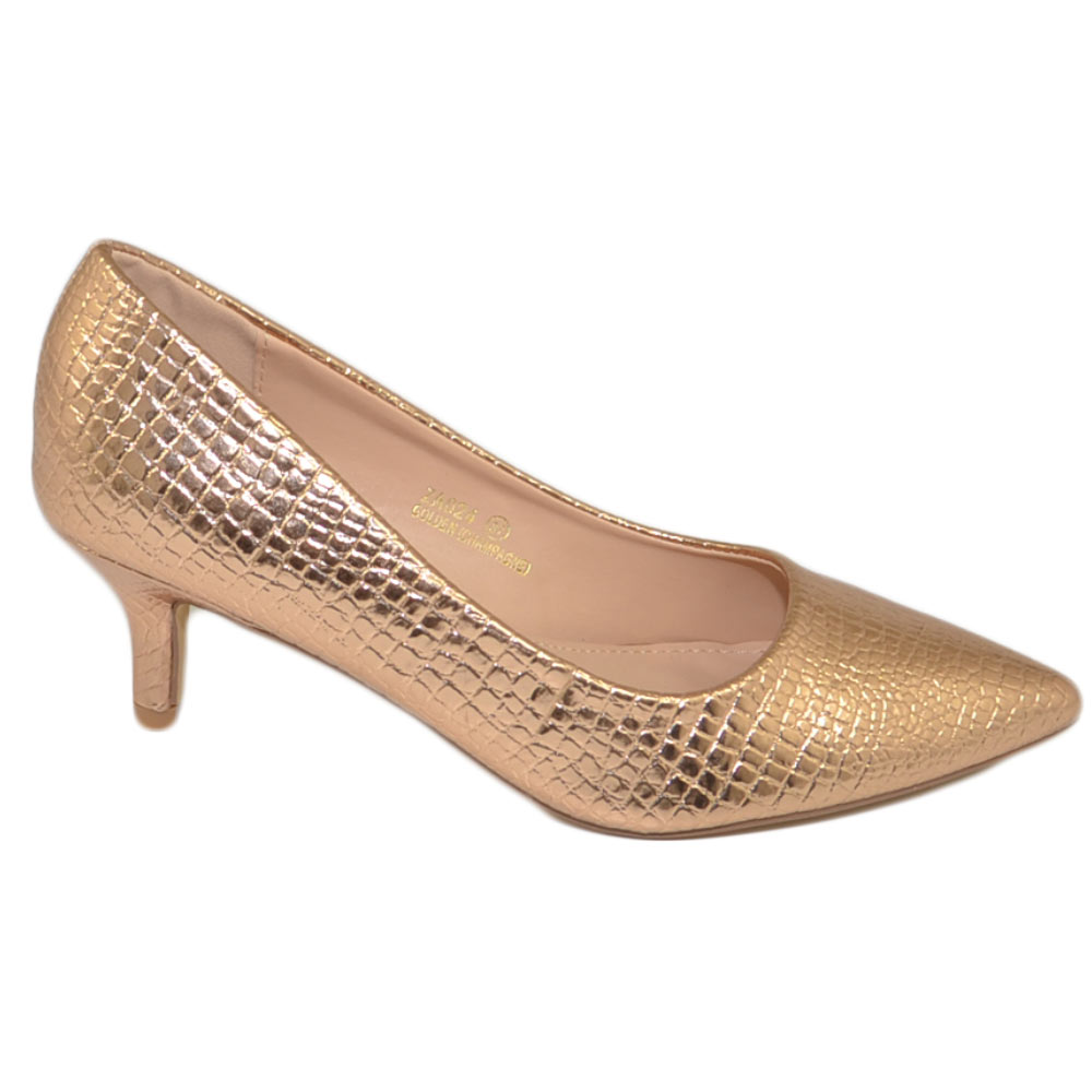 Decollete' scarpe donna a punta oro rosa tartarugato tacco a spillo midi 5 cm in pelle comodo cerimonie eventi ufficio	.