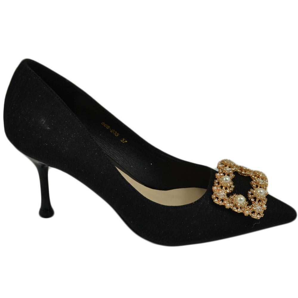 Scarpe decollete donna nero elegante gioiello fermaglio quadrato con perle punta tacco spillo 8 moda cerimonia