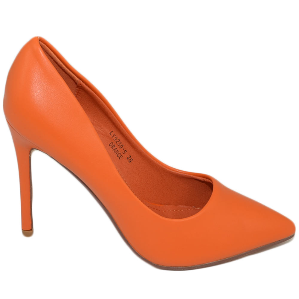 Scarpe donna decollete a punta elegante in ecopelle arancione tacco a spillo 12 cm moda elegante cerimonia evento.