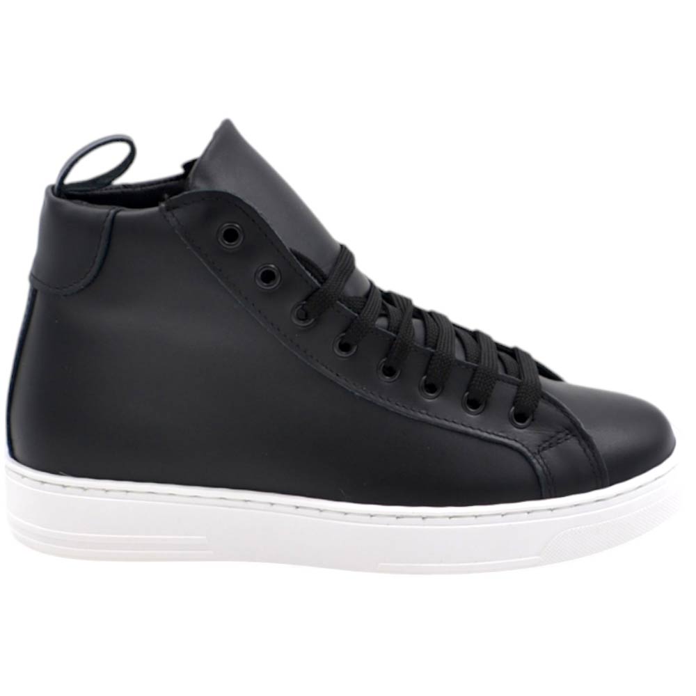 SNEAKERS UOMO ALTA STIVALETTO IN VERA PELLE VITELLO NERO FONDO ALTO 2,5 CM CON LACCI MADE IN ITALY MODA