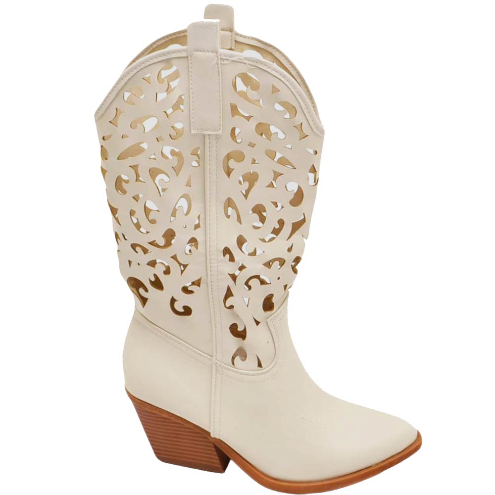 Stivali donna camperos texani stile western beige con gambale traforato fantasia laser tacco altezza polpaccio.