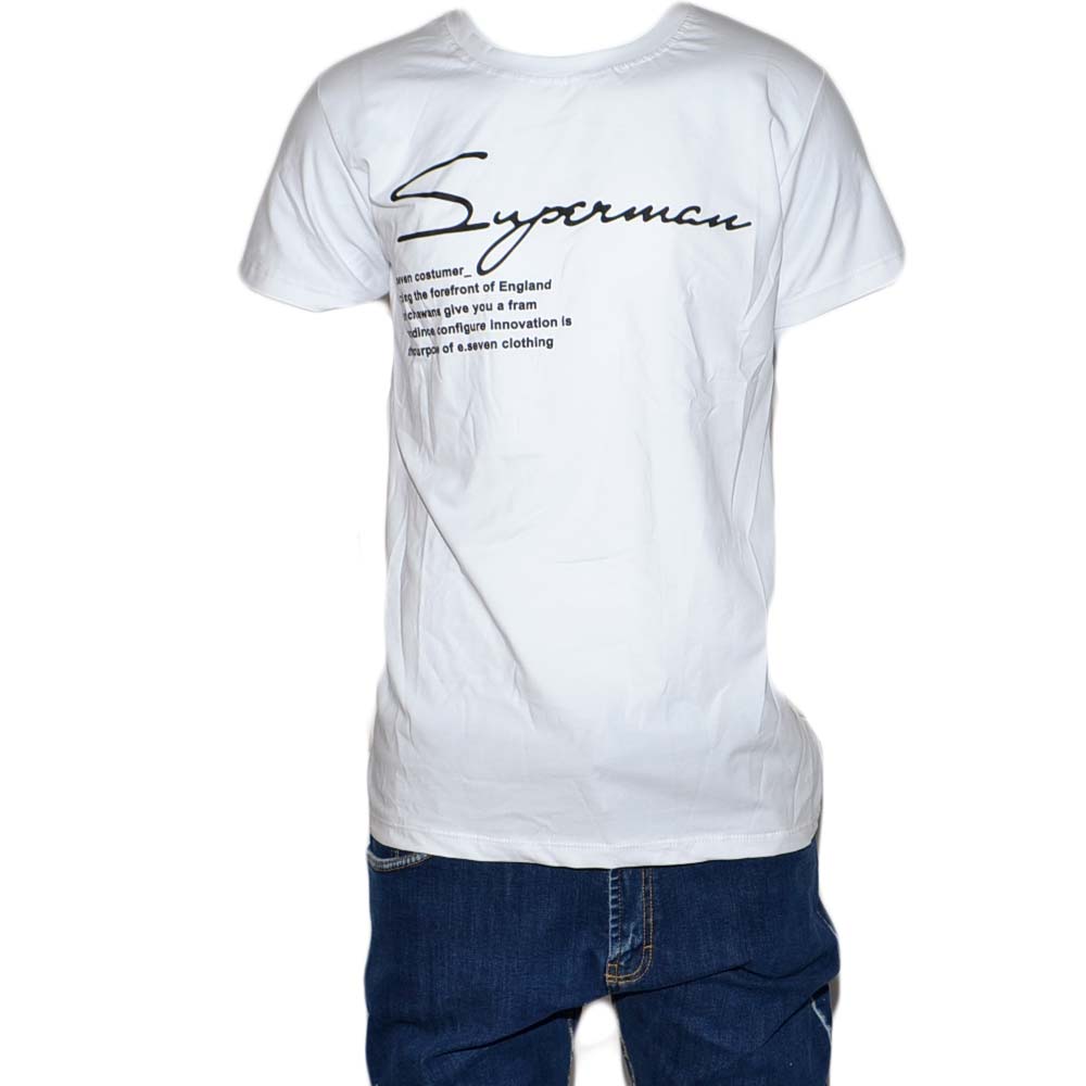 T-Shirt Uomo Girocollo Bianca Stampa Con Scritta Superman Casual Slim Fit moda uomo.