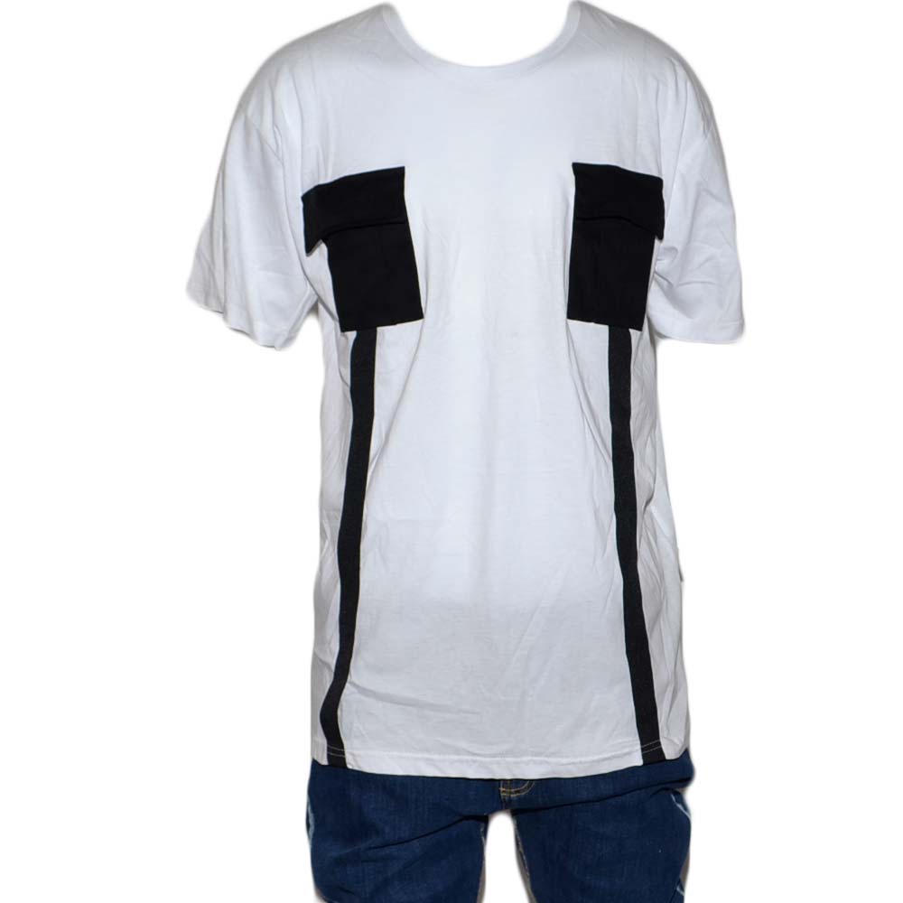 T- shirt basic uomo in cotone bianco slim fit girocollo con cucitura a coste nero e taschini made in italy.
