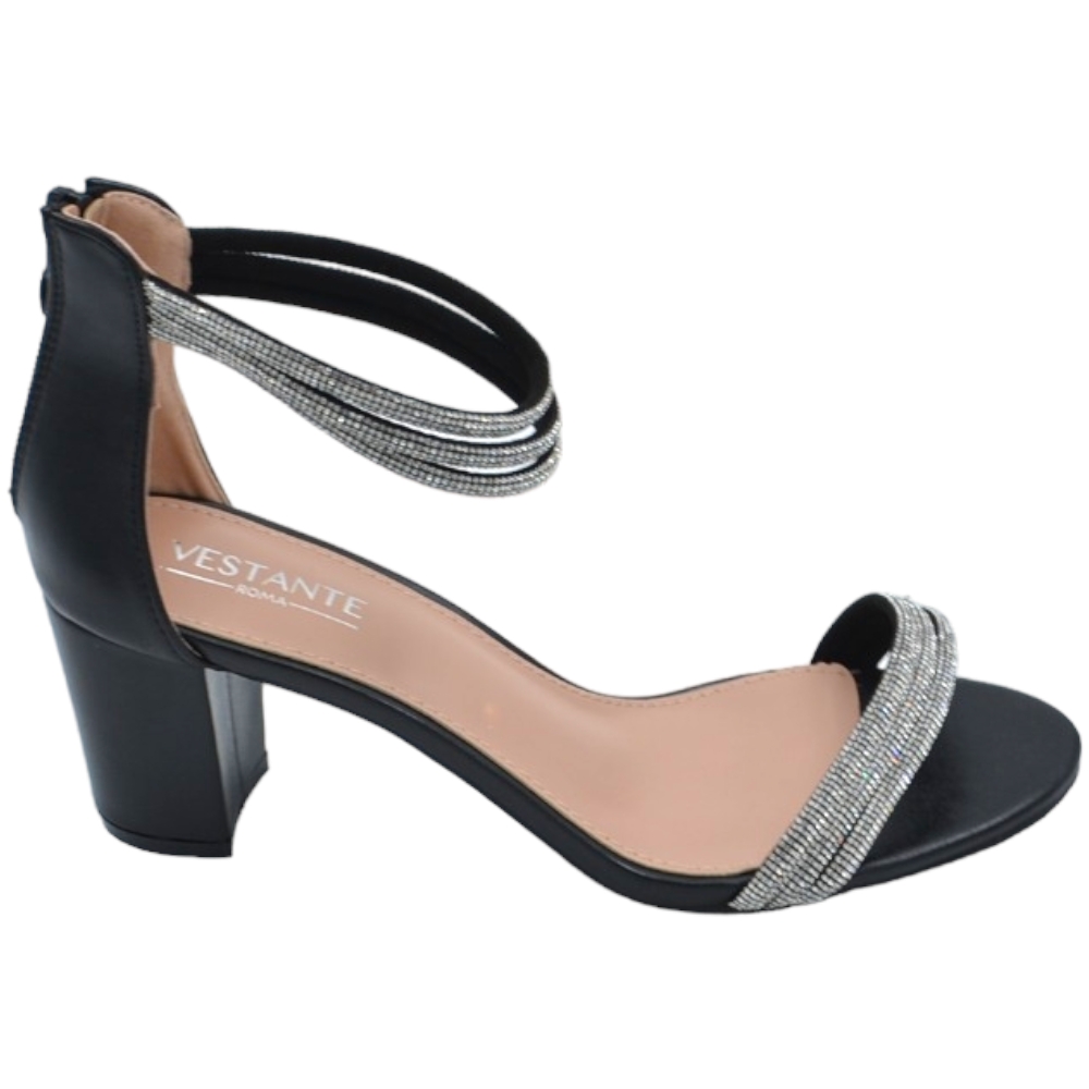 Scarpe sandalo donna nero pelle con fasce strass e chiusura con zip retro tacco largo comodo 5cm effetto nudo