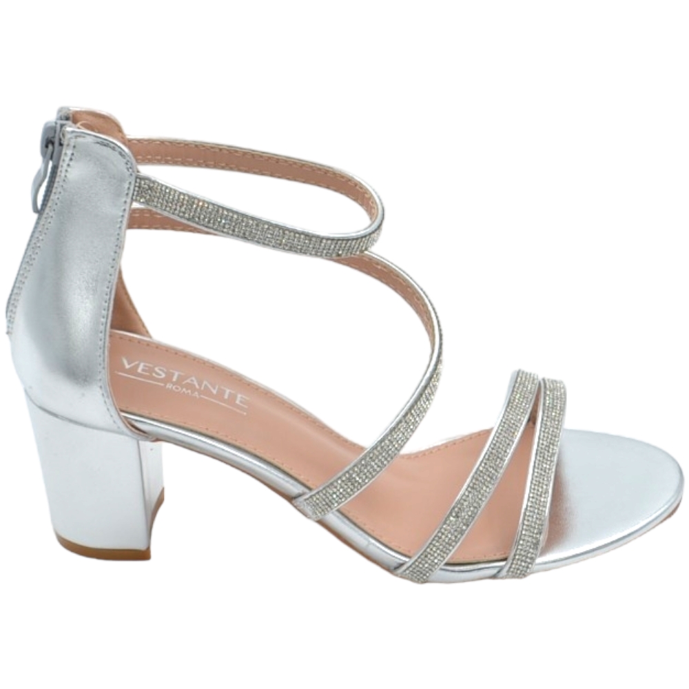 Scarpe sandalo donna argento pelle con fasce a incrocio strass e chiusura con zip retro tacco largo comodo 5cm.