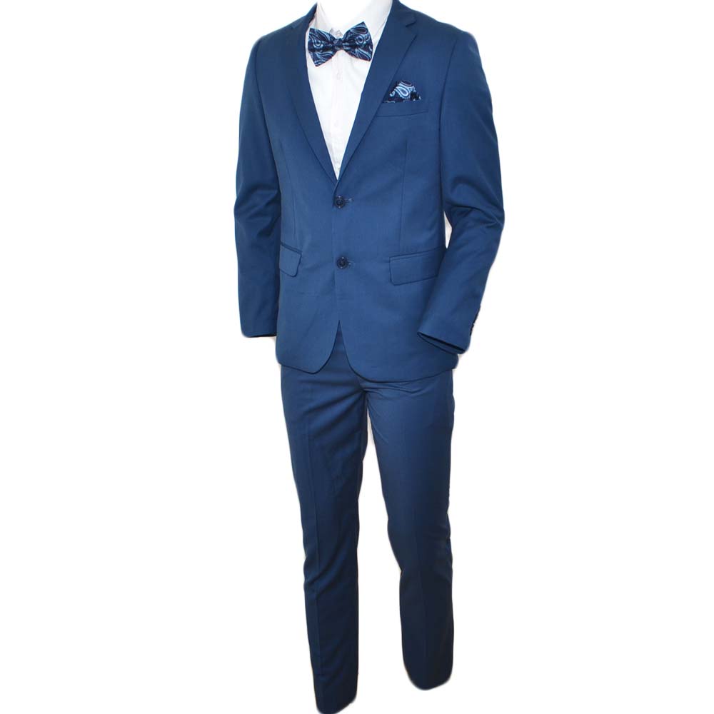 Abito sartoriale uomo in cotone cerato blu navy con giacca slim fit e pantaloni cropped capri pochette elegante evento