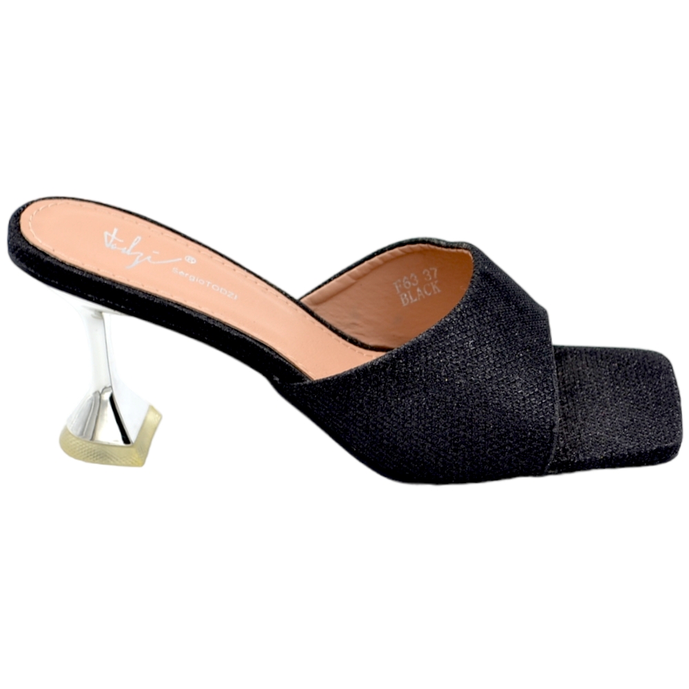 Sandali nero donna mule aperti dietro unica fascetta glitterata tacco martini lucido 5 cm.