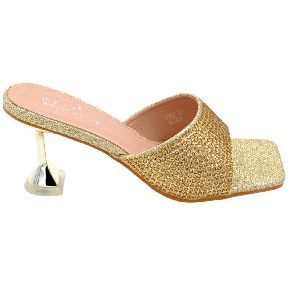 Sandali oro donna mule aperti dietro unica fascetta brillantini tacco martini lucido 5 cm.