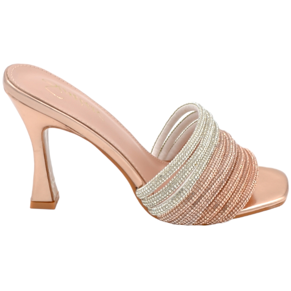 Sandalo gioiello donna champagne mule aperto dietro fascette di brillantini sfumato oro rosa tacco spillo comodo 10 cm.