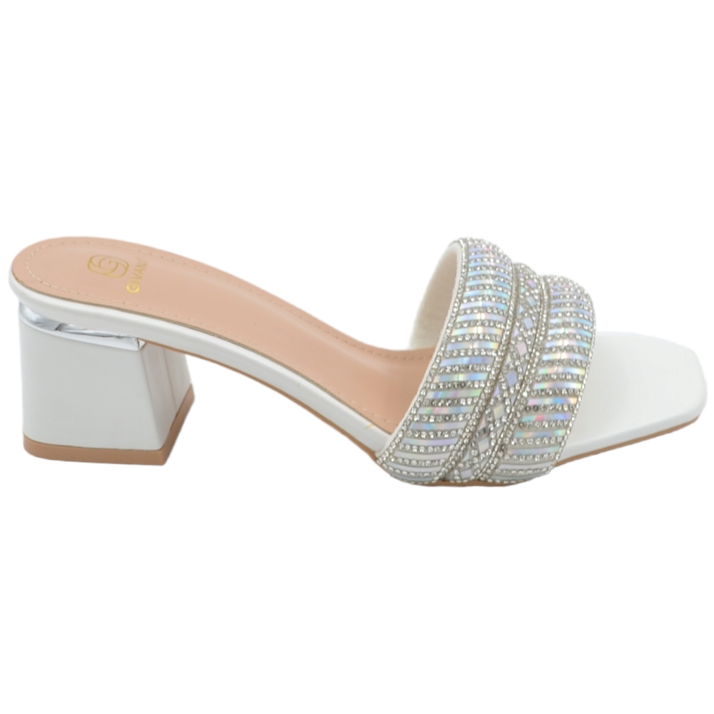 Sandali donna gioiello mule aperti dietro bianco fascetta brillantini tacco basso largo 3 cm comode eleganti.