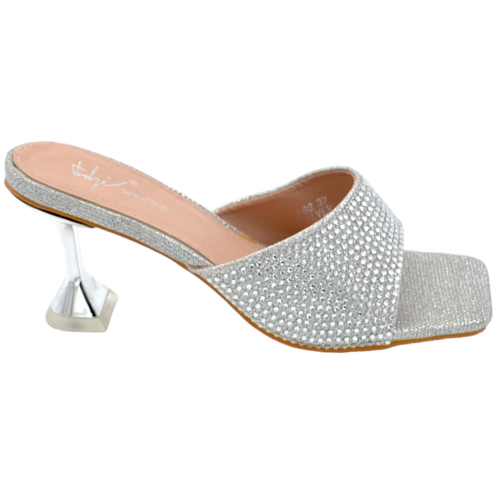 Sandali argento donna mule aperti dietro unica fascetta brillantini tacco martini lucido 5 cm.