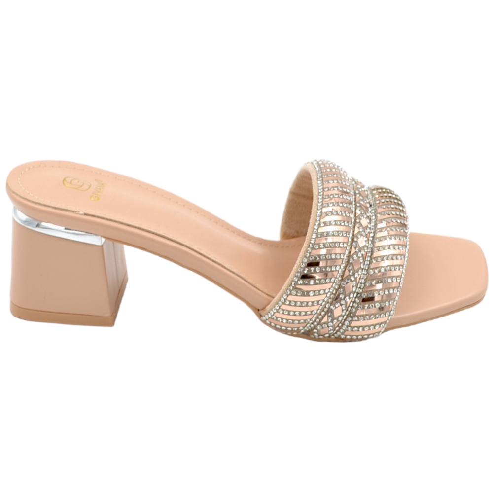 Sandali donna gioiello mule aperti dietro nude fascetta brillantini tacco basso largo 3 cm comode eleganti