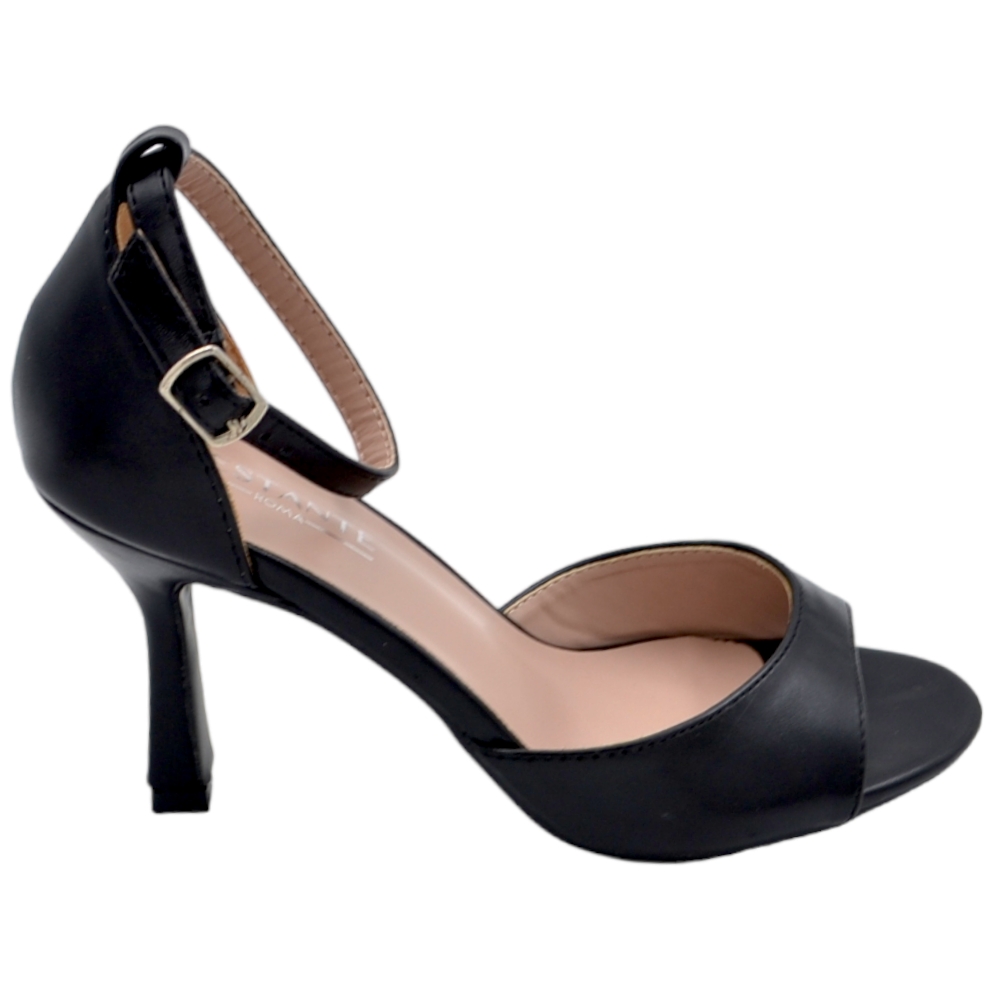 Sandali donna basic nero con tacco a spillo 9 cm cinturino alla caviglia fascia larga comoda .