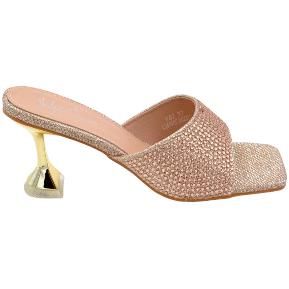 Sandali oro rosa champagne  donna mule aperti dietro unica fascetta brillantini tacco martini lucido 5 cm.