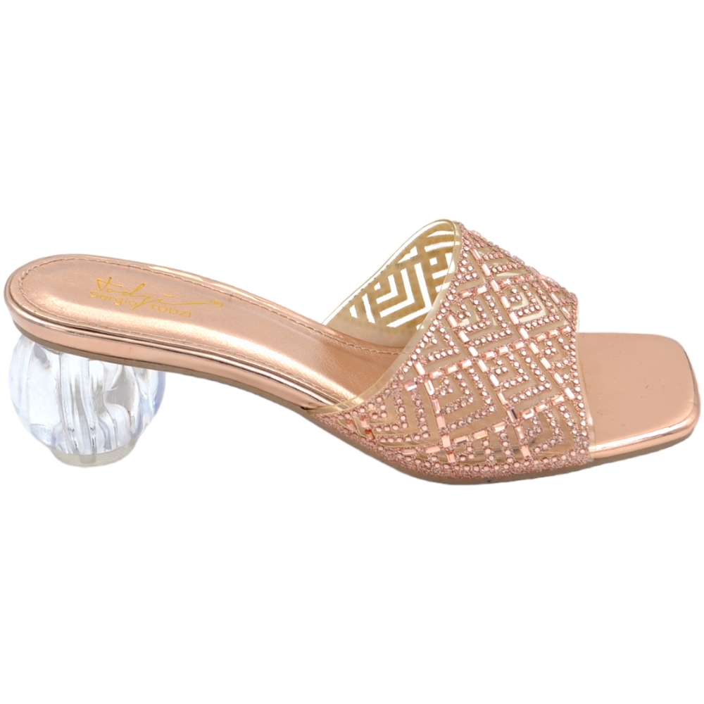 Sandali gioiello donna mule aperti dietro champagne con tacco bolla di cristallo 4 cm fascia trasparente brillantini.