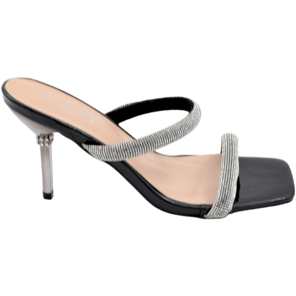 Sandali donna gioiello mule aperti dietro nero lucido  fascette brillantini tacco gioiello spillo 9 cm comode eleganti.