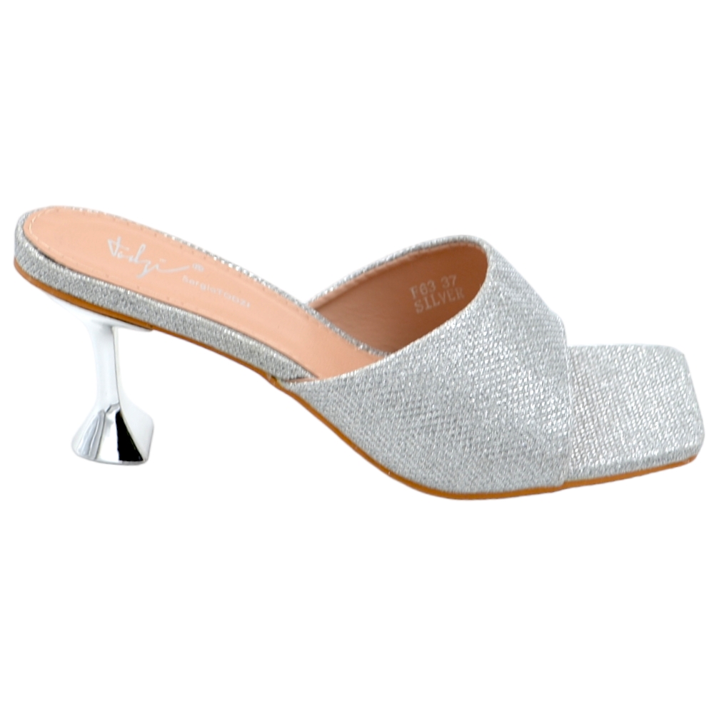 Sandali argento donna mule aperti dietro unica fascetta glitterata tacco martini lucido 5 cm