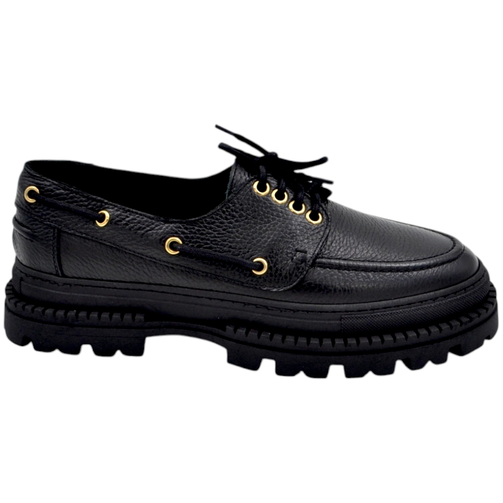 Scarpa mocassino barca LS Luisantiago limited in vera pelle di nappa nero bottolato con suola exclusive combat alta