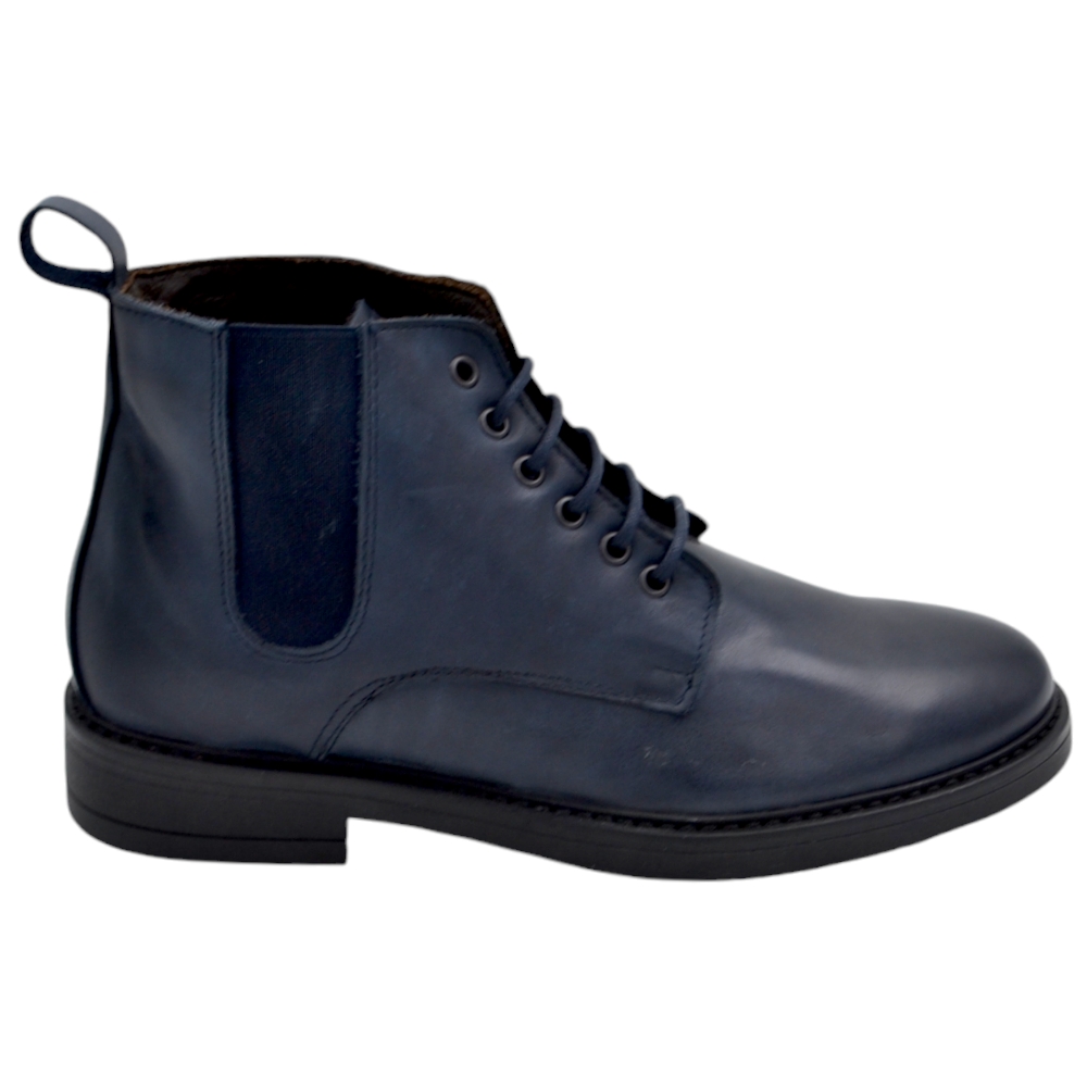 Scarpe stivale polacchino uomo anfibio lacci vera pelle nappa blu suola gomma zip elastico laterale calzata facilitata .