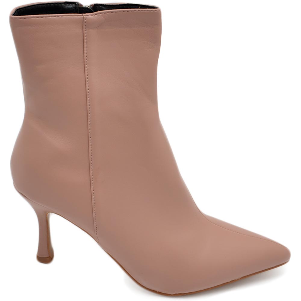 Tronchetto stivaletto rosa donna  linea Basic con tacco a spillo basso 7 cm aderente con zip a punta