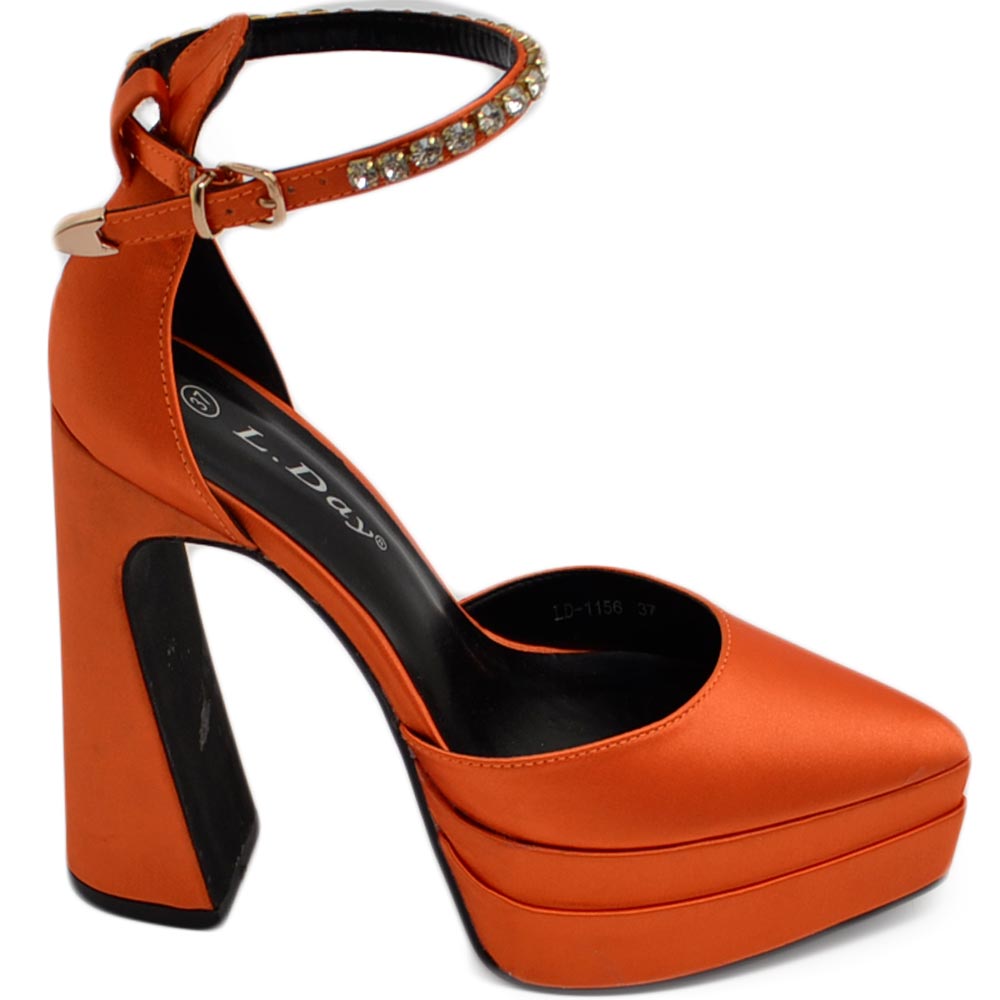 Decollete' donna Mary Jane a punta in raso arancione con plateau 4 cm e tacco largo 15 cinturino strass alla caviglia.