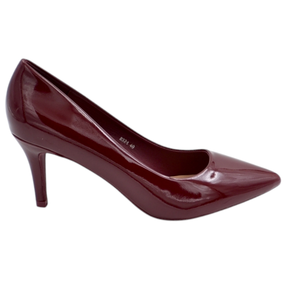 Decolette' donna in pelle vernice lucida bordeaux punta tacco rocchetto 8 cm linea basic.