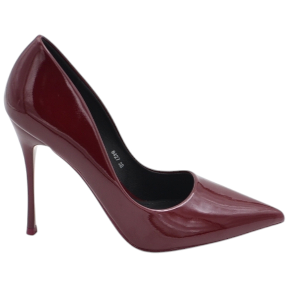 Decolette' donna in pelle vernice lucida bordeaux punta tacco sottile 12 cm linea basic