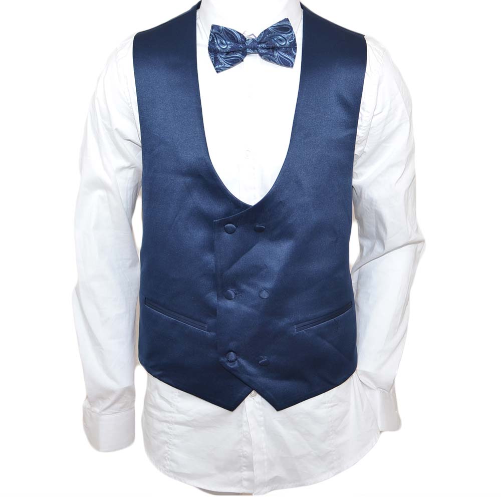 Gilet Uomo in satin blu Senza Maniche Scollo a V Doppio petto Slim Fit Elegante Matrimonio Panciotto