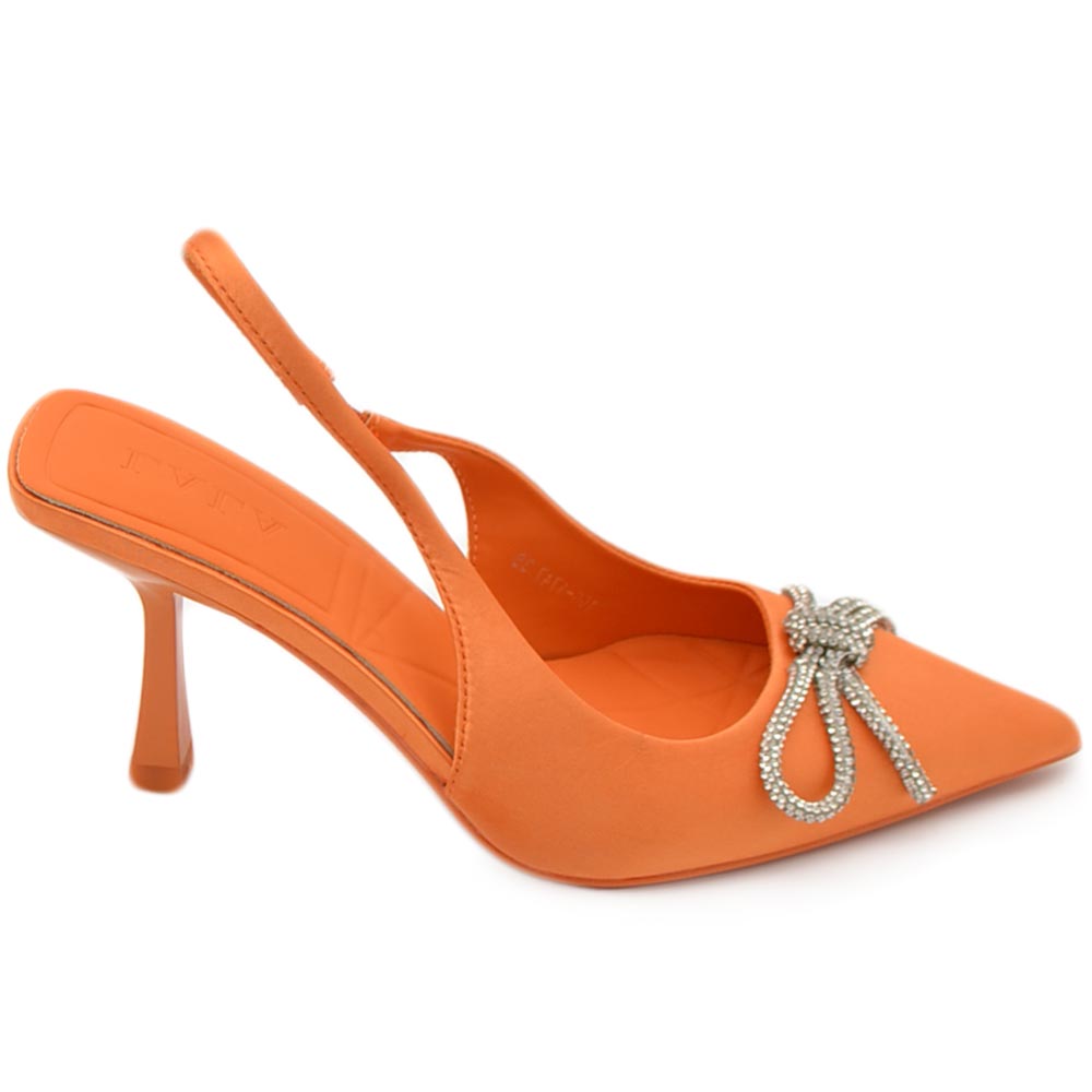 Decollete' donna gioiello elegante fiocco strass in raso arancione tacco a spillo 80 cinturino alla caviglia fisso moda.