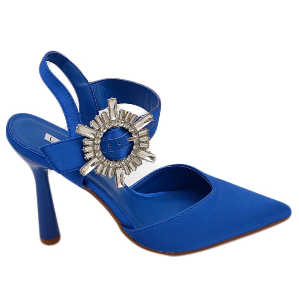 Decollete' scarpadonna gioiello in raso bluette con applicazione spilla cinturino alla caviglia tacco a spillo 10 comode.