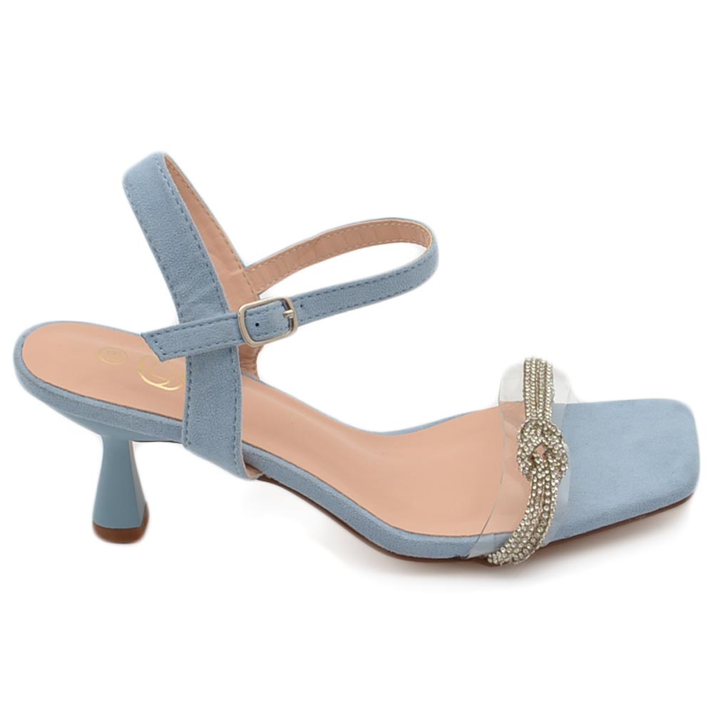 Sandalo gioiello donna azzurro tacco 5 cm fascia polvere di strass luccicanti cerimonia nodo cinturino alla caviglia .