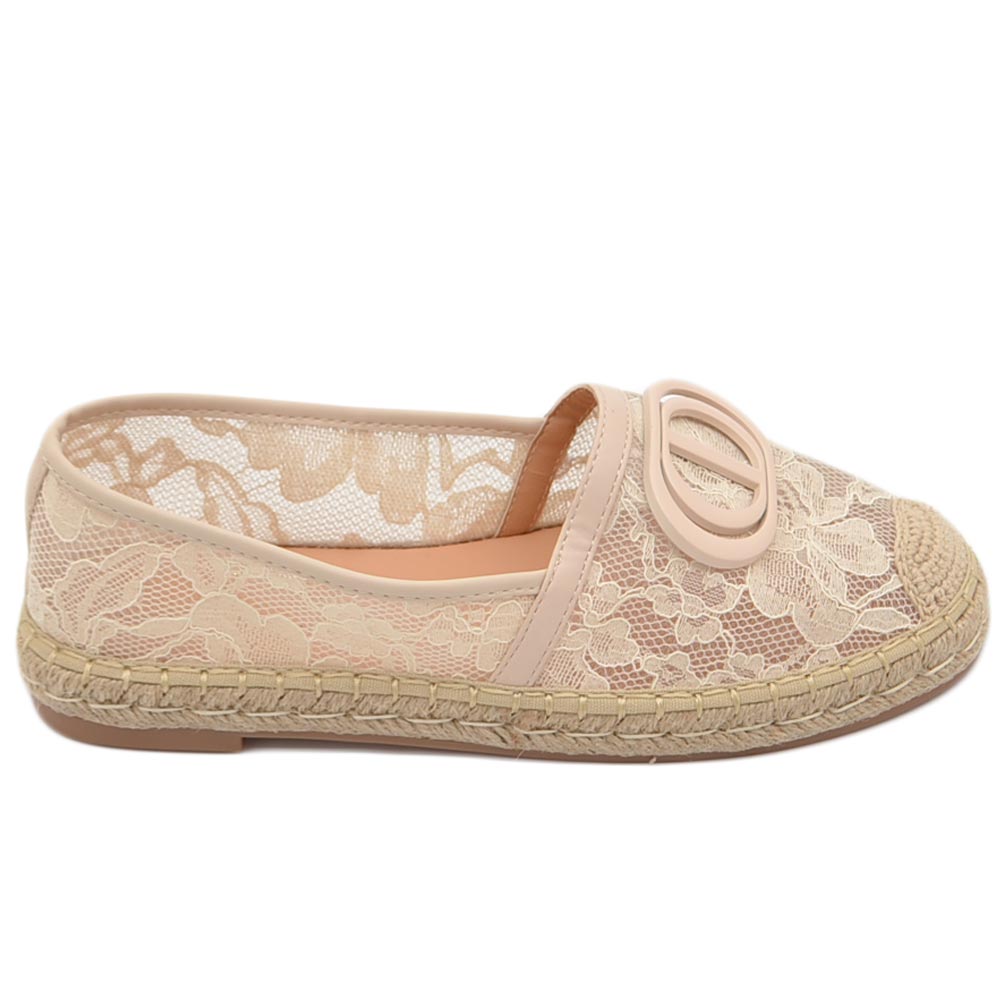 Espadrillas mocassini donna estivi ricamati in pizzo traspirante beige e suola in paglia comodo moda