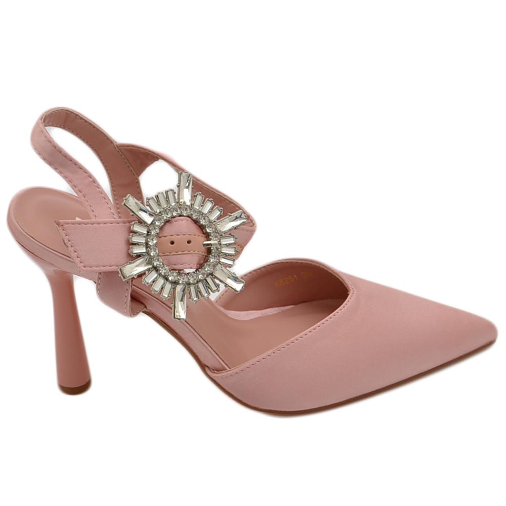 Decollete' scarpadonna gioiello in raso rosa cipria applicazione spilla cinturino alla caviglia tacco a spillo 10 comode.