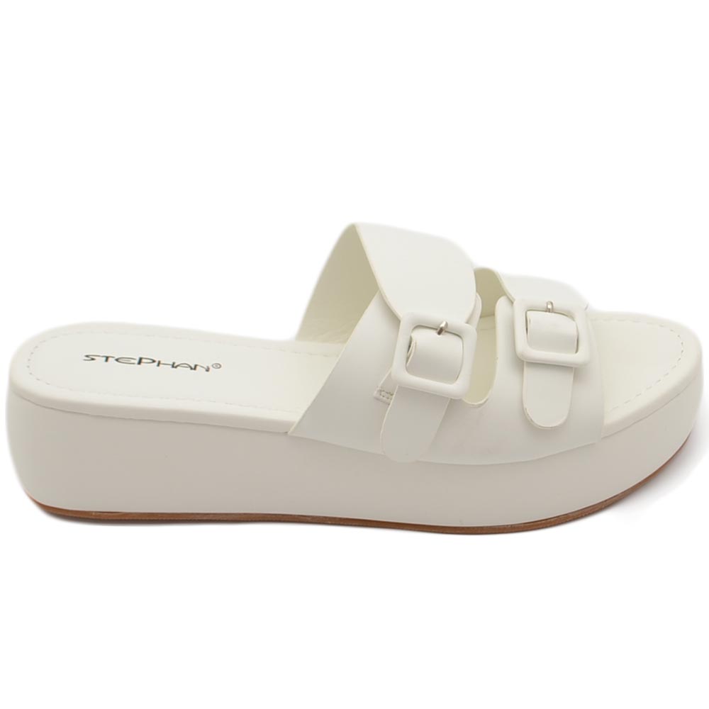 Pantofola donna bianco doppia fibbia regolabile platform in gomma antiscivolo comfort relax estive.